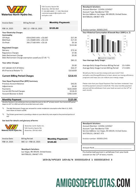 imprimível Modelo de conta de serviços públicos de negócios de Waterloo North Hydro dos EUA Nevada em formatos Word e PDF (versão 2)